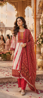 Pretty crepe lining full suit set in red paired with Patola dupatta (true to size )