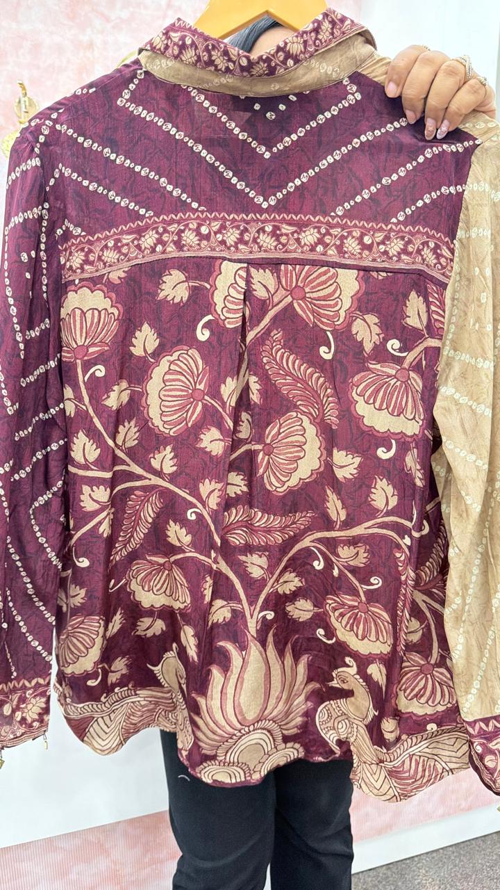 Premium natural crepe Kalamkari bandhani shirt in wine