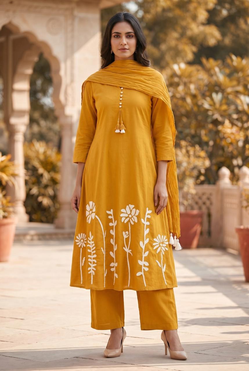 Premium cotton embroidered suit set in yellow
