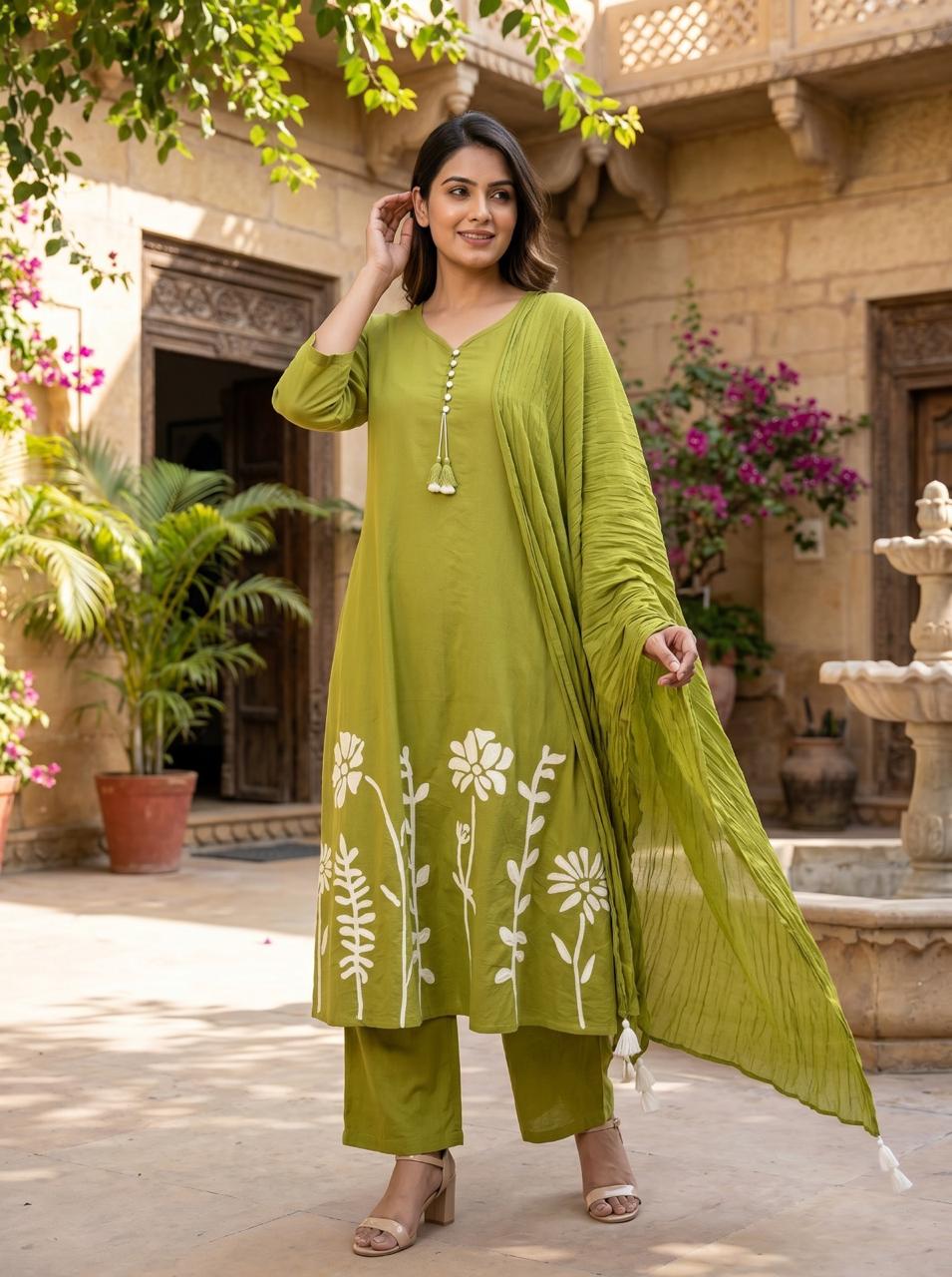 Premium cotton embroidered suit set in green