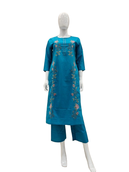 Embroidered cotton kurta pant in blue