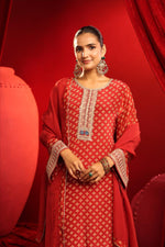 Premium crepe full suit set in red with zari detailing