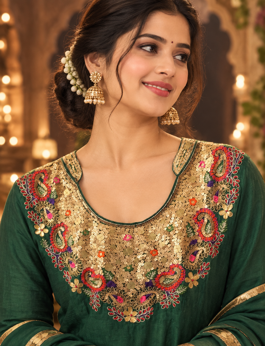 Super pretty handowrkd Mul chanderi suit set in bottle green