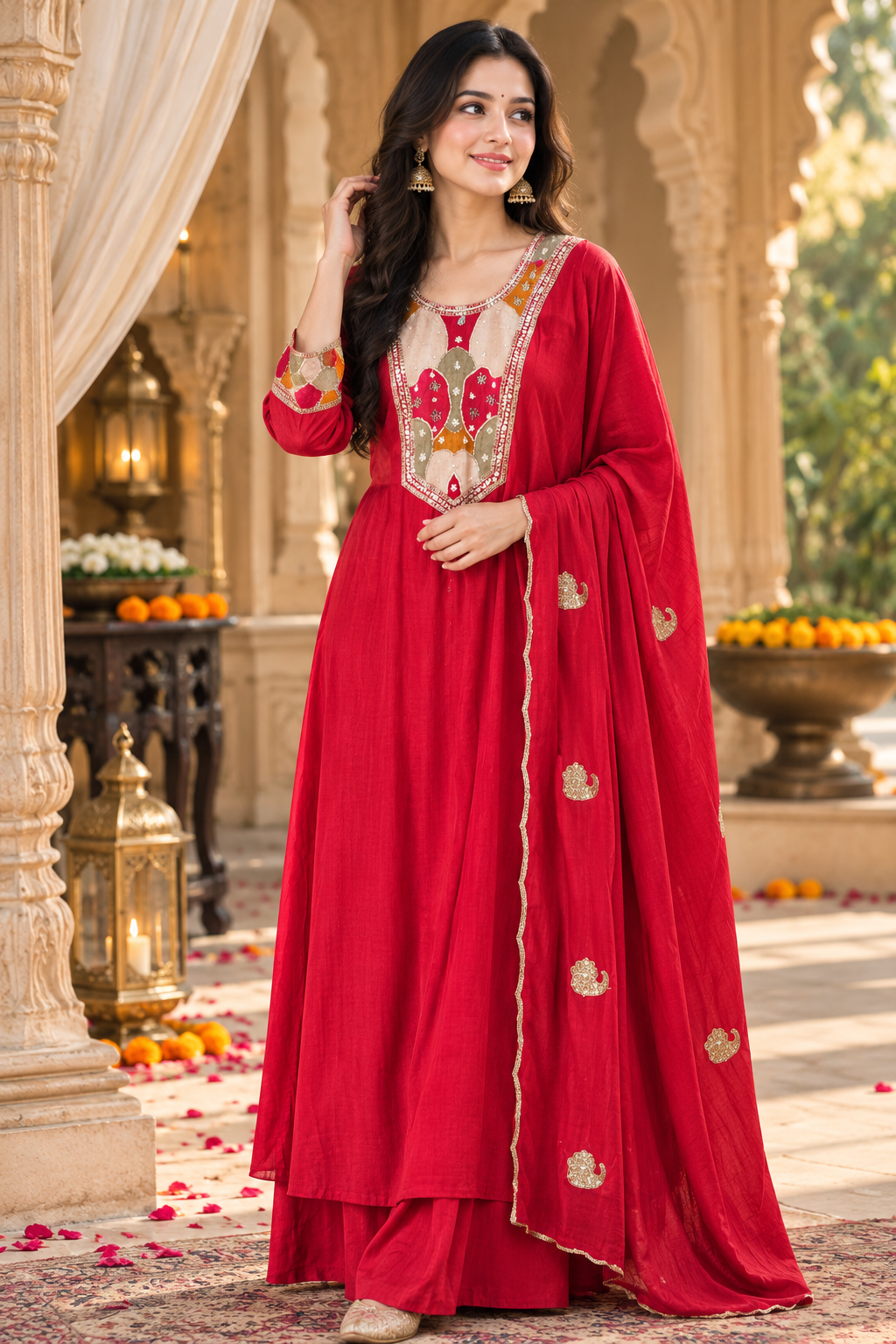 Pretty Mul chanderi in red with applique embroideryFull suit