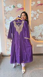 Premium Zari detailing cotton full suit set in purple