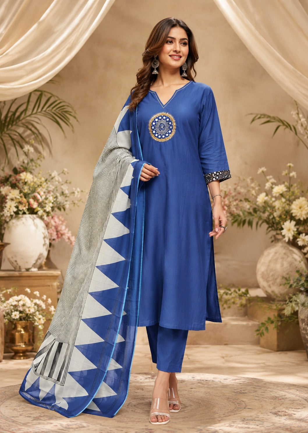 Super pretty cotton embroidered suit set in blue