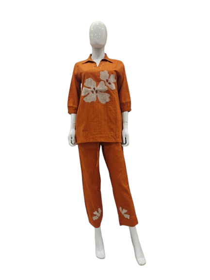 Premium cotton appliqué work co ord in rust