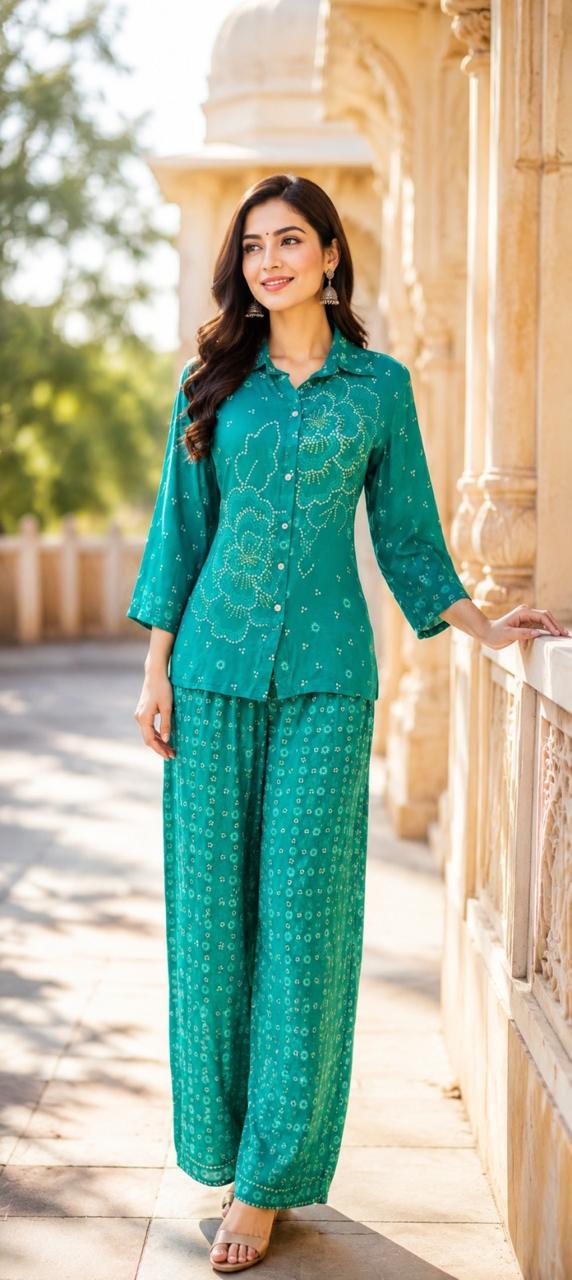 Pure crepe bandhani co ord set