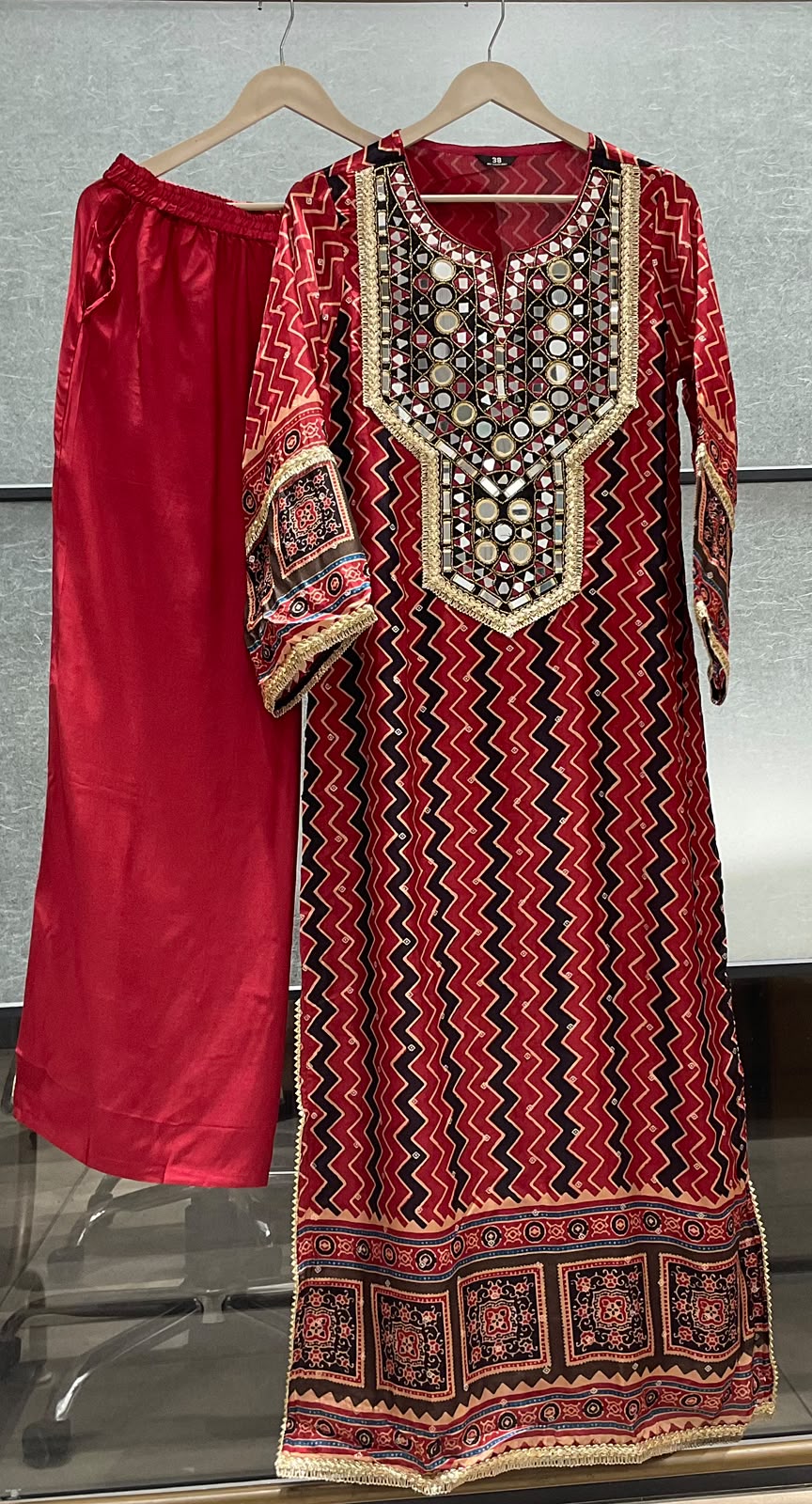 Real mirror ajrakh Phiran kurta pant in red