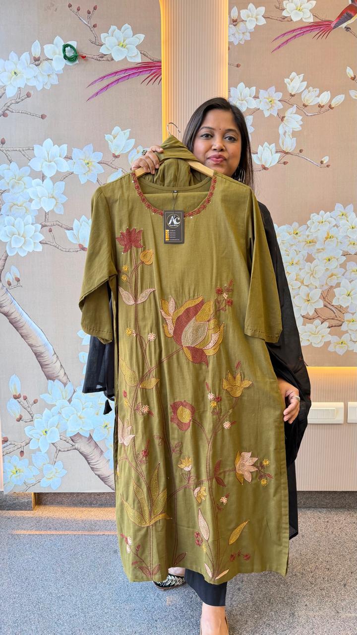 Pure cotton fully embroidered suit set in olive green