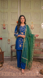 Zari embroidered banarsi super soft Mul chanderi lining full suit in blue
