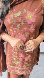 Pretty farshi salwar cotton embroidered suit set in brown