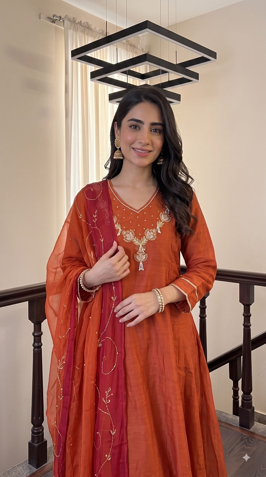 Premium Mul chanderi in orange n red with premium handwork suit set
