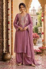 Premium tissue suit set with giraffe fabric and hand work on yoke in purple