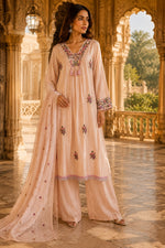 Pretty embroidered Mul Chanderi lining suit set in cream