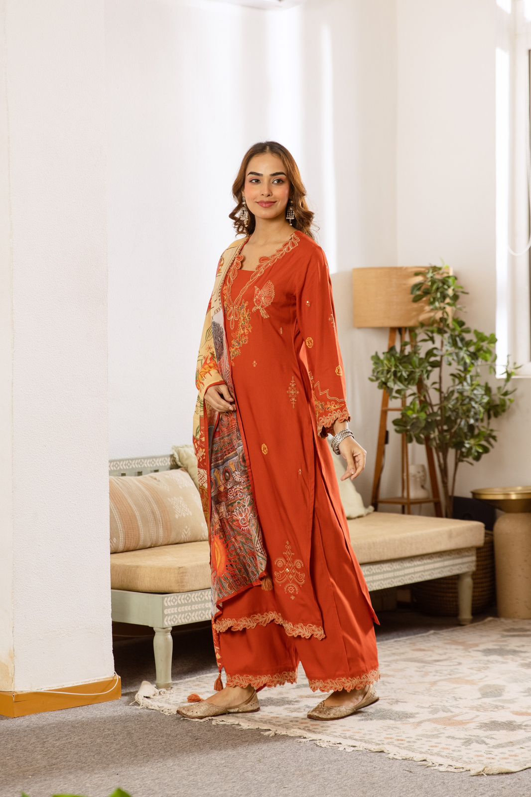 Restocked heavy rayon designer co ord in orange