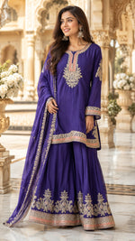 Pure chinon plazzo set with heavy handwork in purple colour