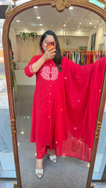 Mul cotton embroidered lining suit set set with pocket in red