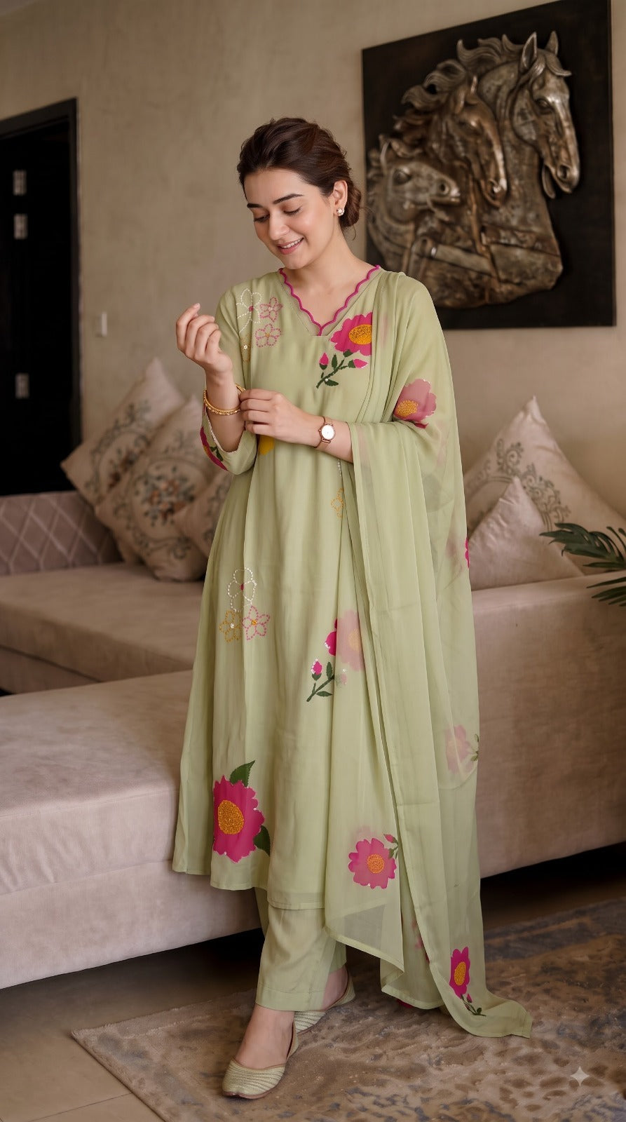 Brush painted premium Mul Chanderi Anarkali suit set in green