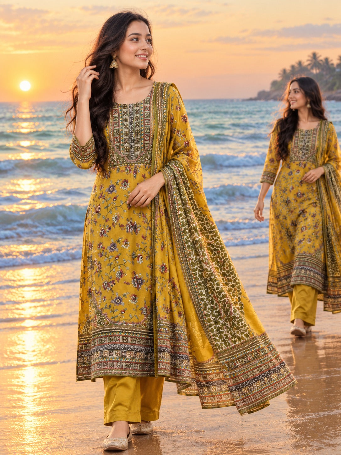 Russian silk pretty Kalamkari suit set in yellow