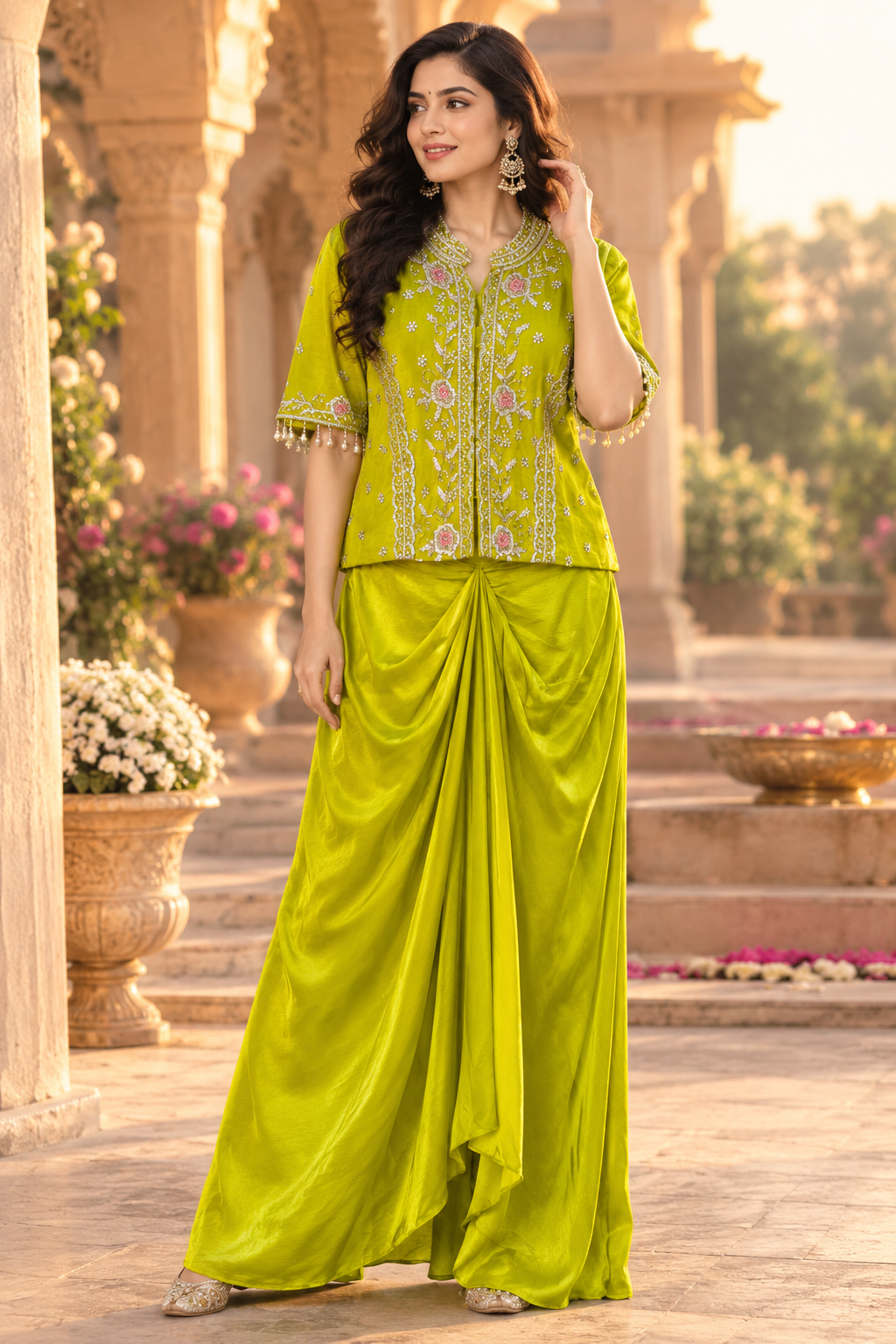 Premium chinon fully embellished co ord set in green
