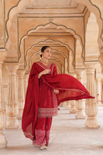 Pure crepe designer with intricate zari detailing suit set in red