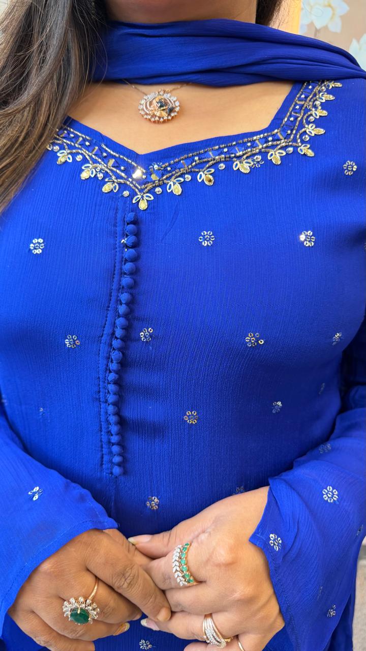 Premium chinon heavy handwork sequins and mirror work full suit in royal blue