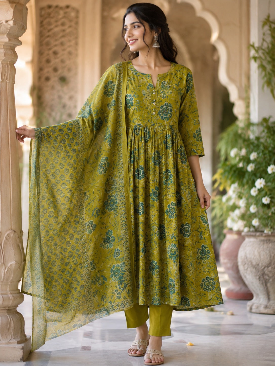 Premium cotton Anarkali suit set green