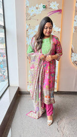 Pretty Russian silk Kalamkari true to size suit set in pink n green