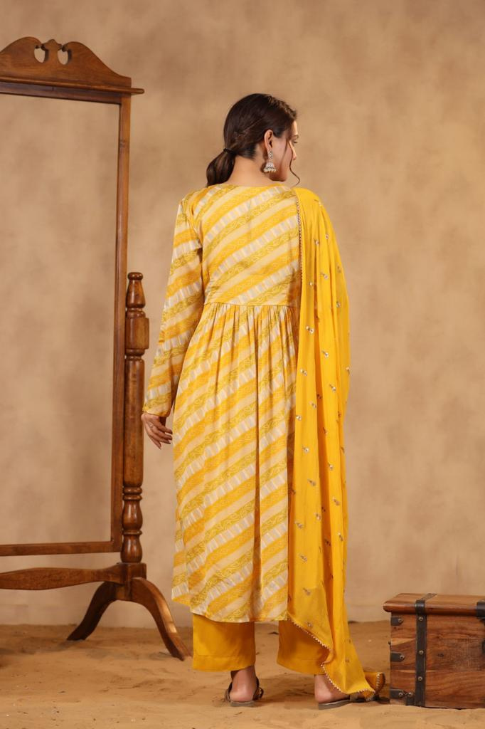 Pure Chinon Lehariya Alia Cut Suit Set in Yellow comes with Lining and with Beautiful Hand Work on the Yoke