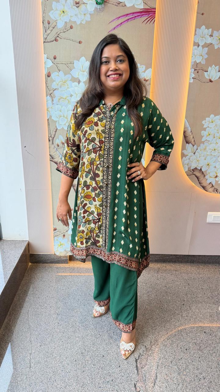 Pure crepe digital printed Kalamkari co ord in green