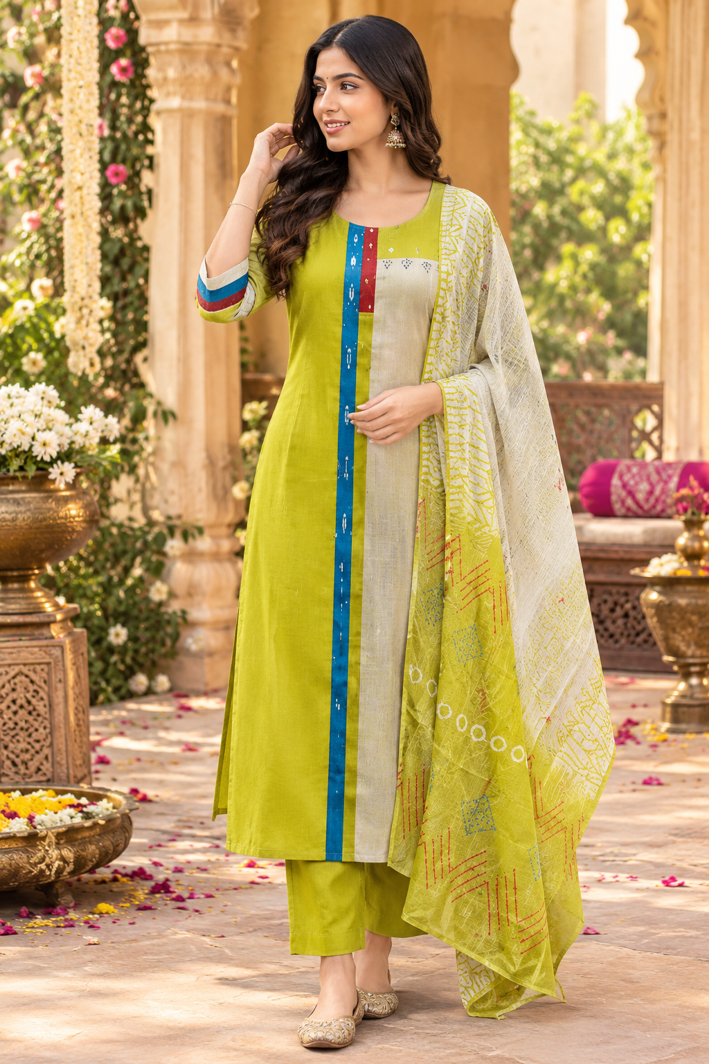 Pretty Mul chanderi with real mirror detailing suit set in green (slim fit )