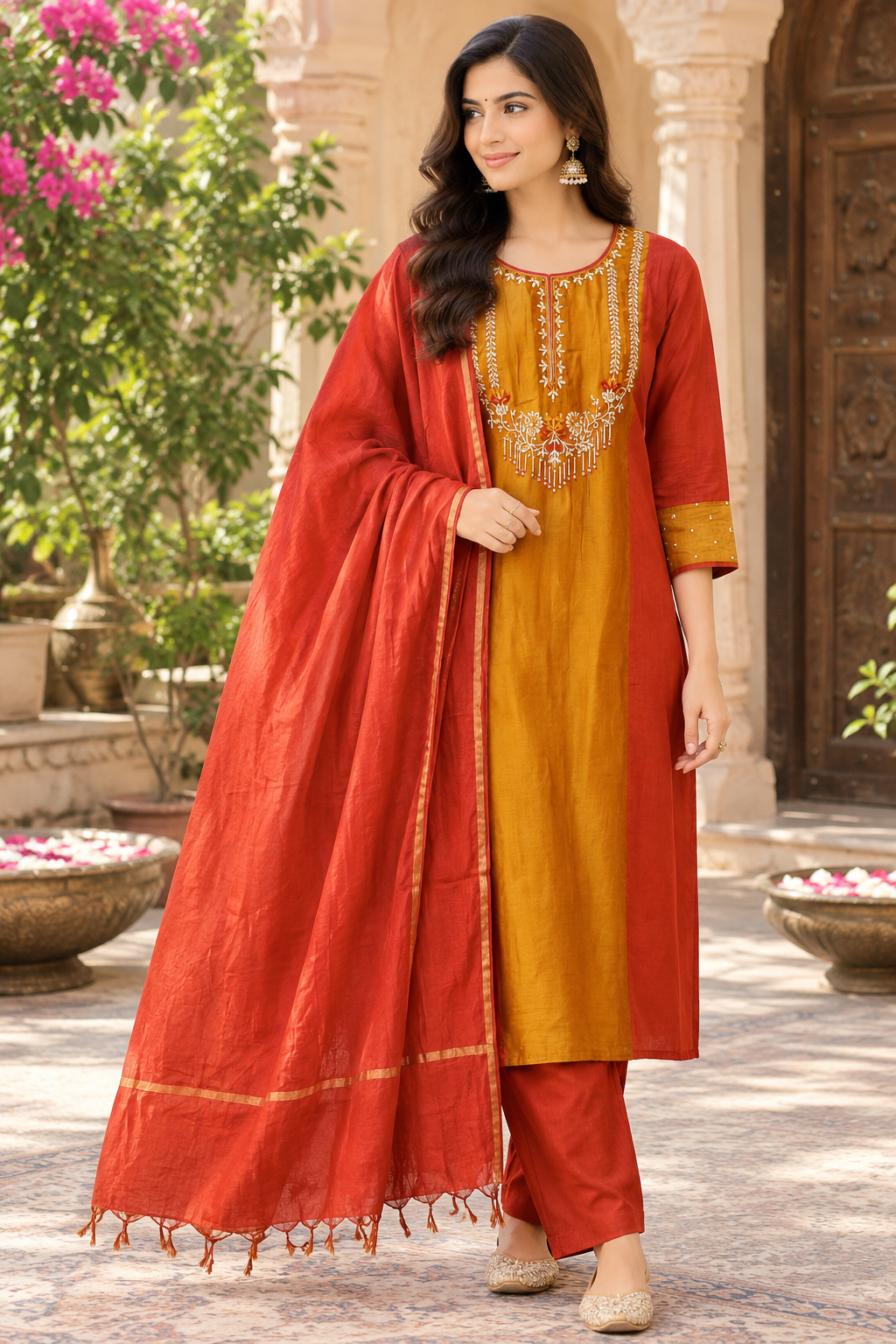 Pure Banarasi Mul chanderi suit set in orange
