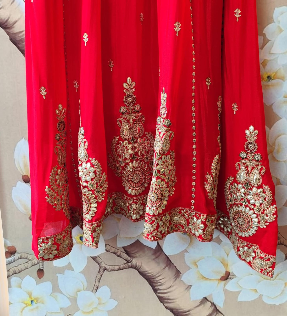 Super premium chinon Anarkali suit set in red