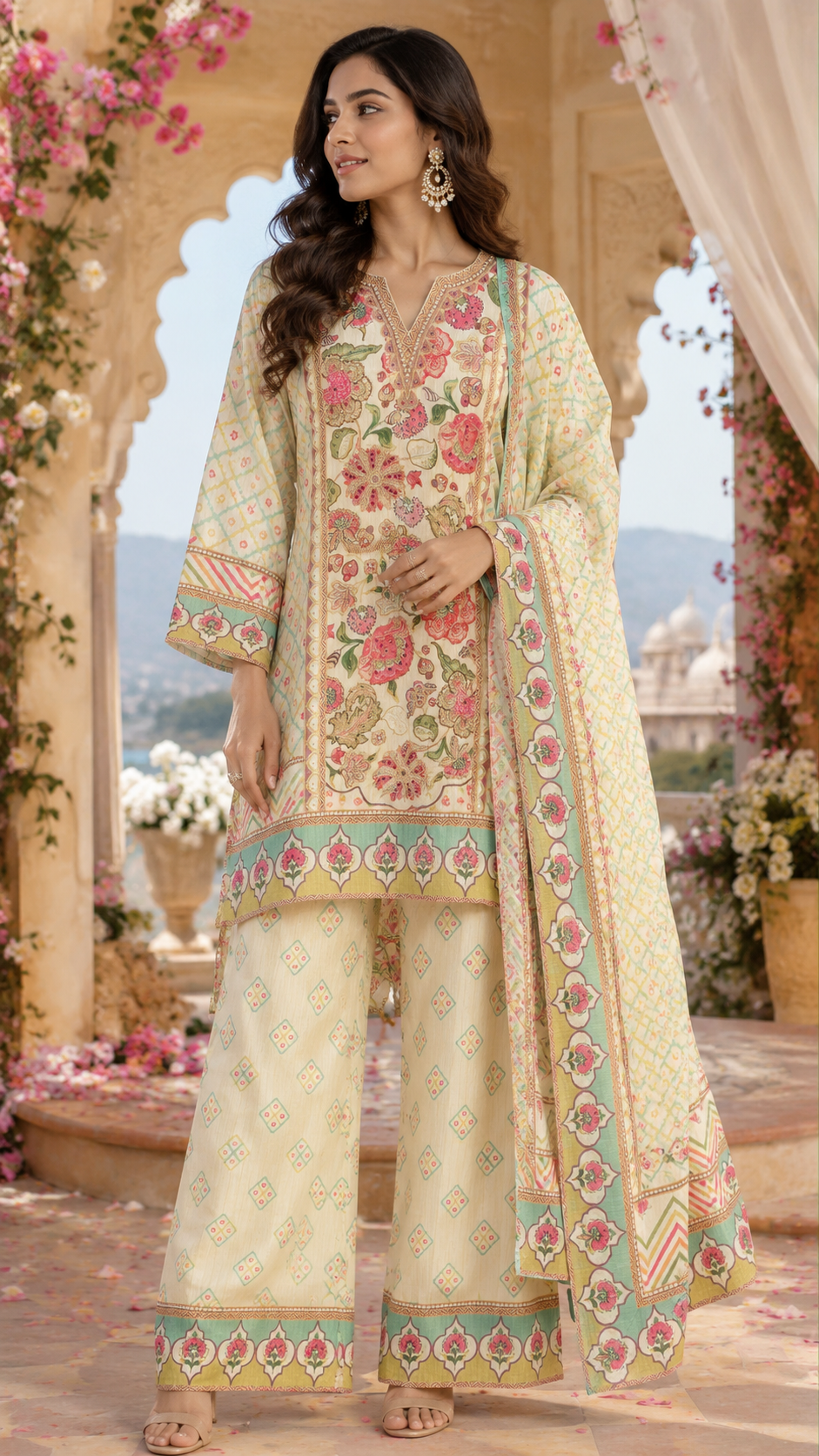 Pure chinon with beautiful pearl and zari detailing plazzo suit set in green