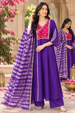 Mul chanderi zari detailing suit set in purple n red