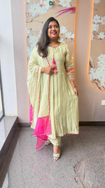 Pista green Mul chanderi lining Anarkali suit set