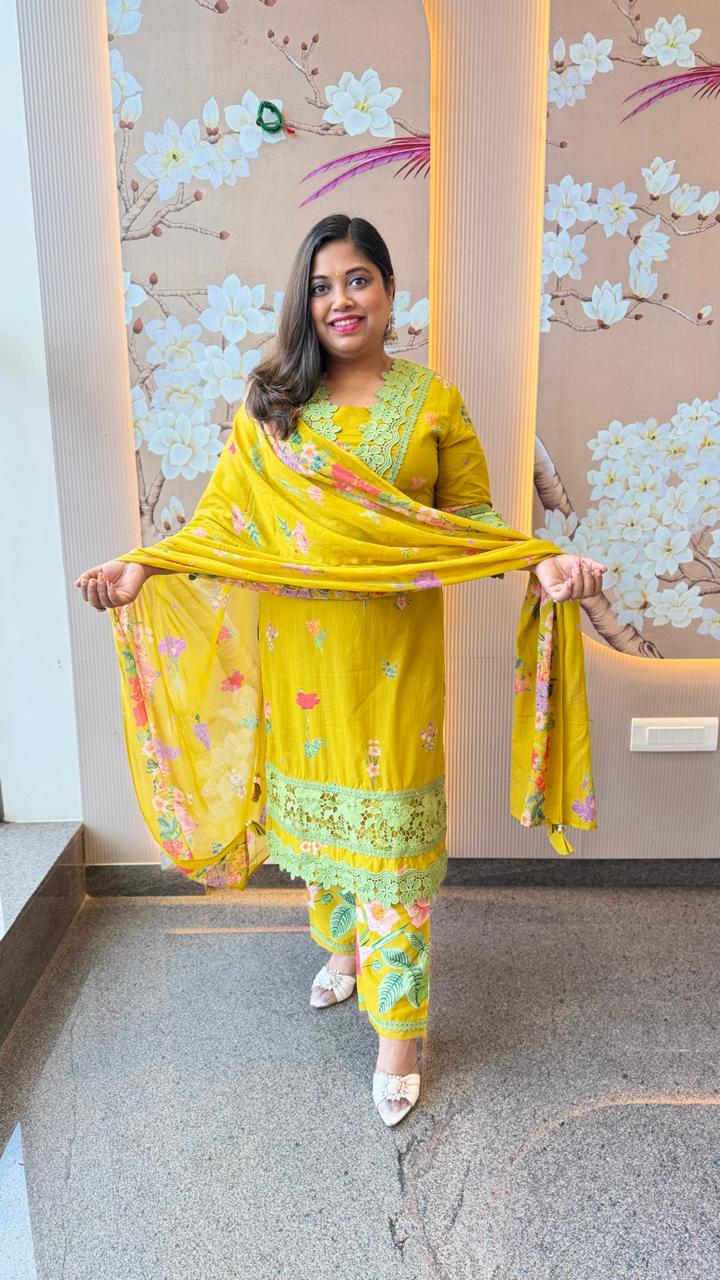 Yellow lace detailing pure cotton suit set