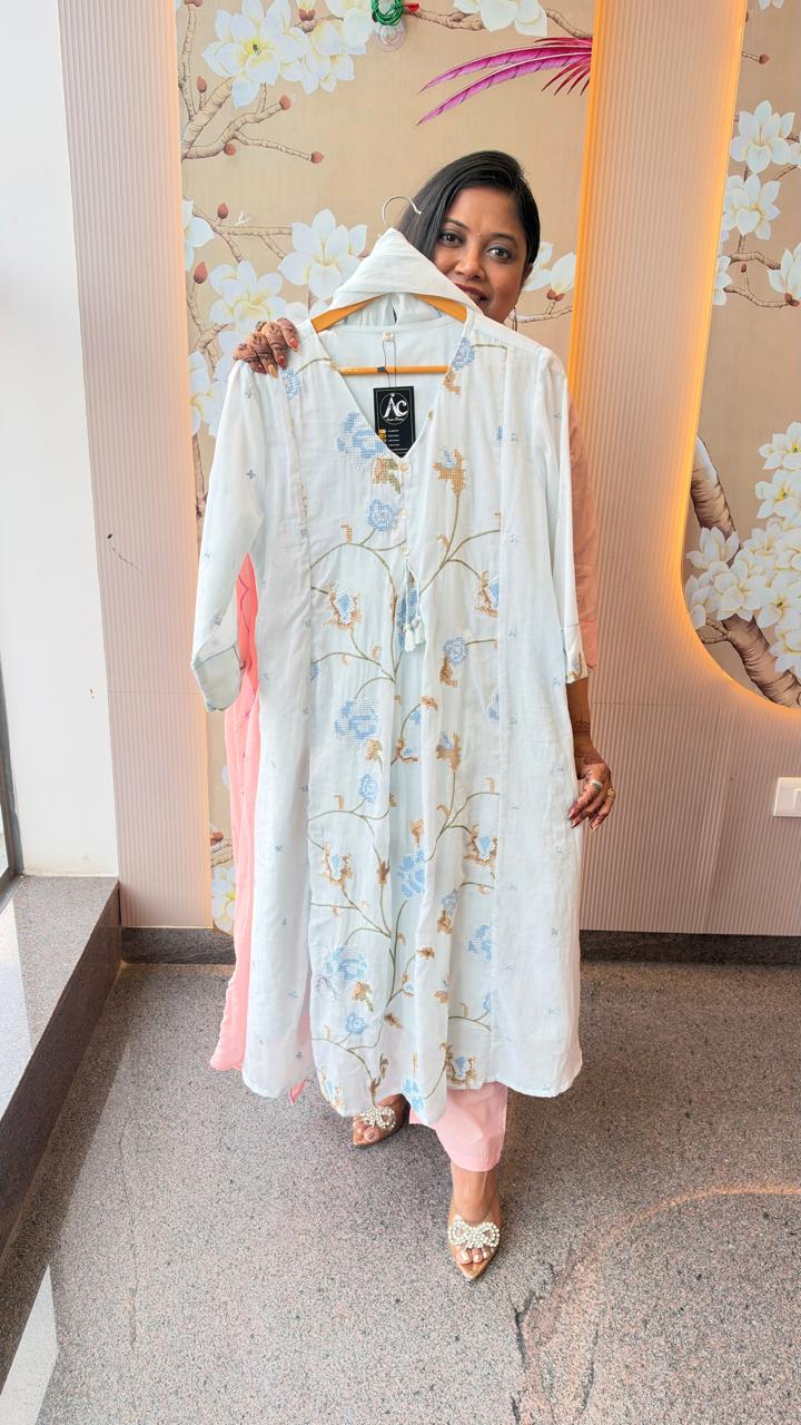 Pure Mul cotton fully embroidered suit set in blue