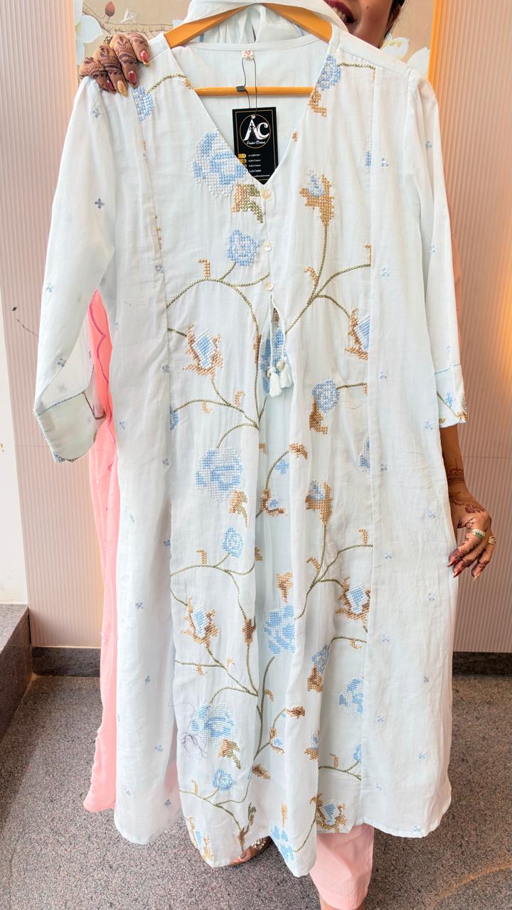 Pure Mul cotton fully embroidered suit set in blue