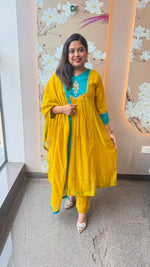 Premium Mul chanderi yellow n blue with handwork detailing
