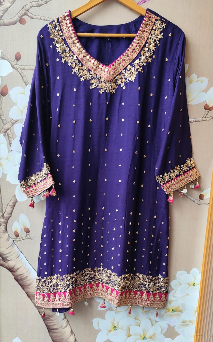 Russian silk full sequins purple suit with rani pink highlight