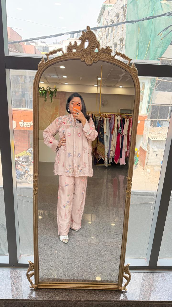 Premium chinon fully embroidered nude pink co ord set