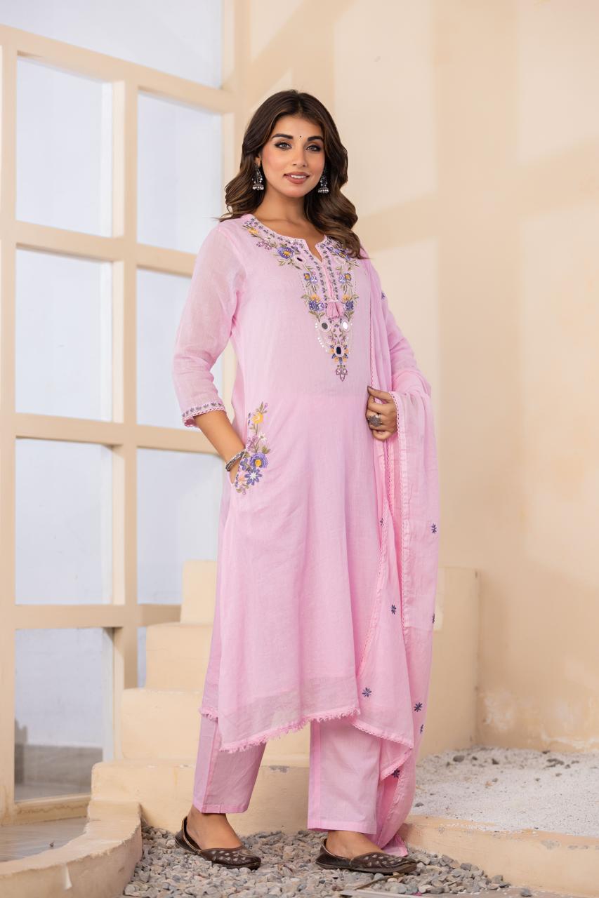 Mul cotton designer neck and pockets with lining full suit in pink