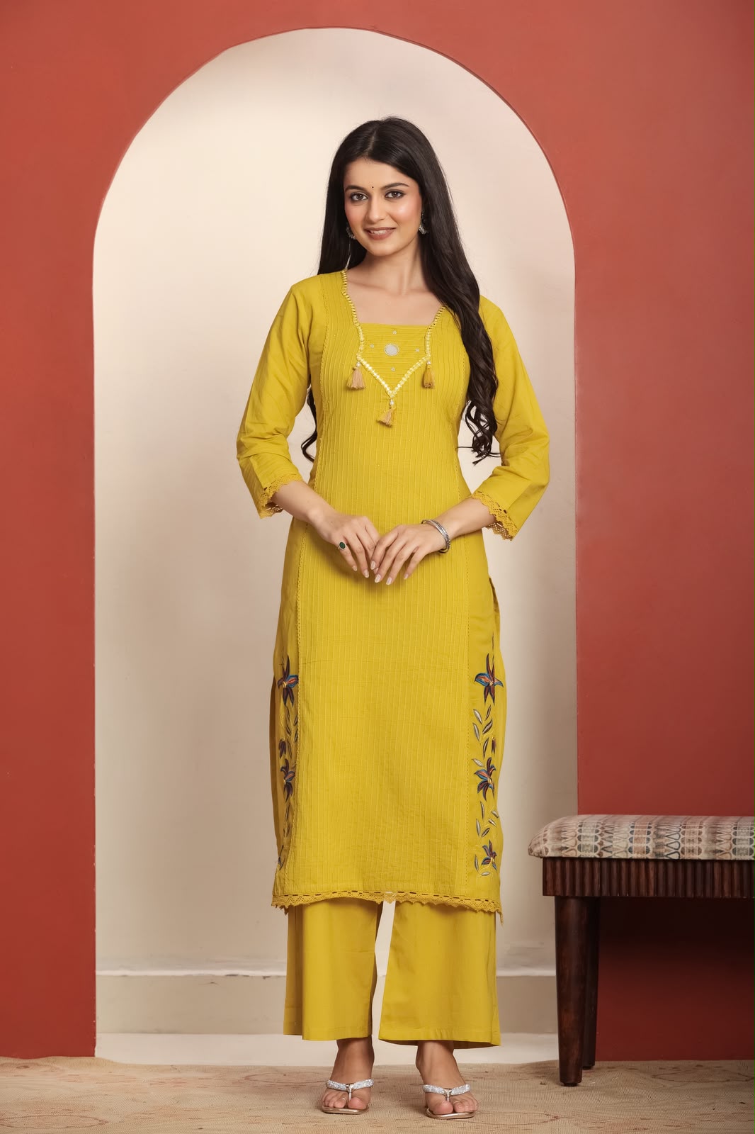 Pure cotton real mirror pintux work embroidery suit set in yellow