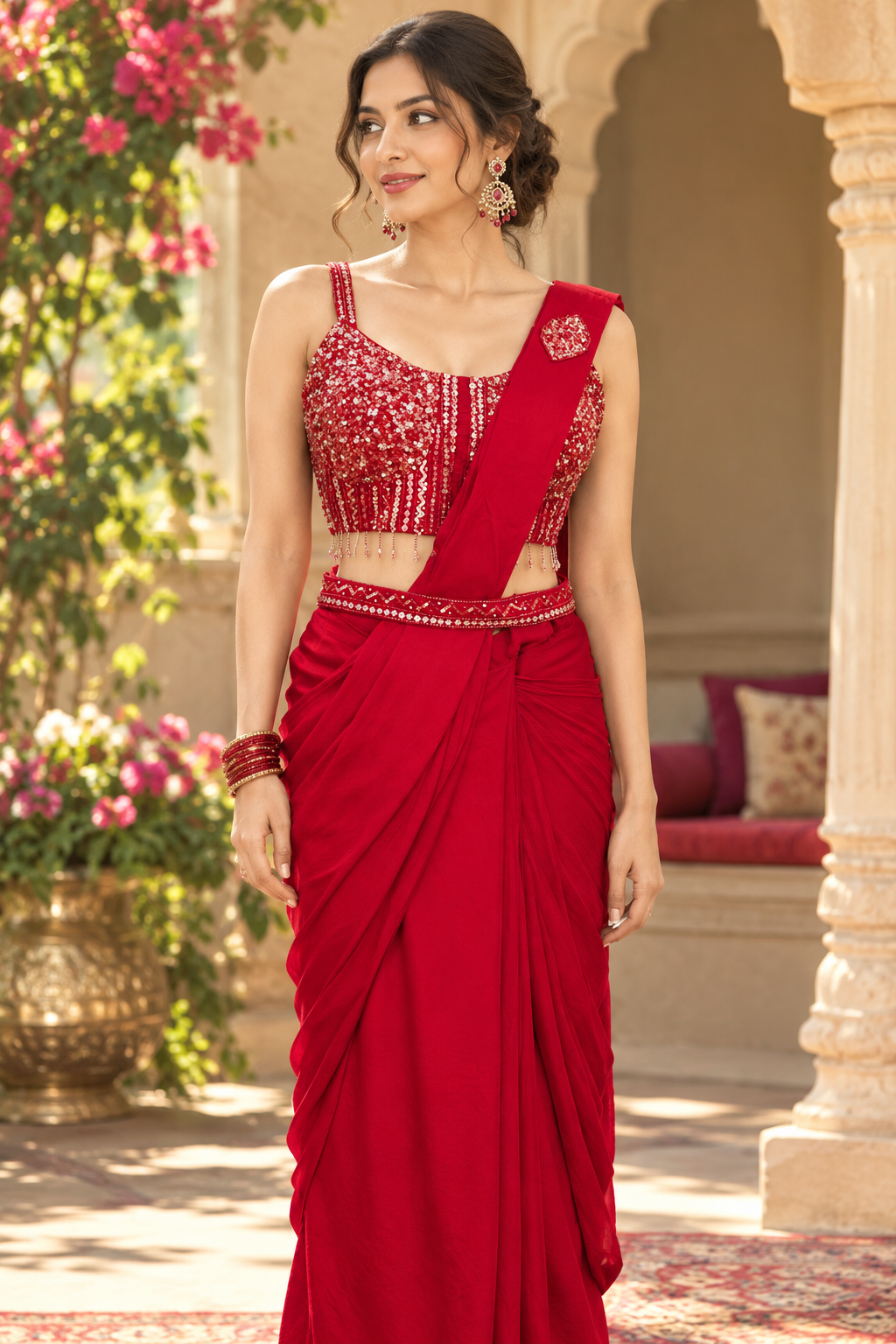 Premium chinon embellished saree with belt