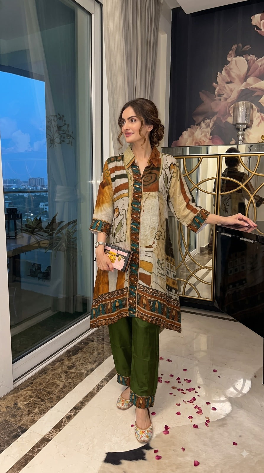 Pure crepe digital printed co ord in green