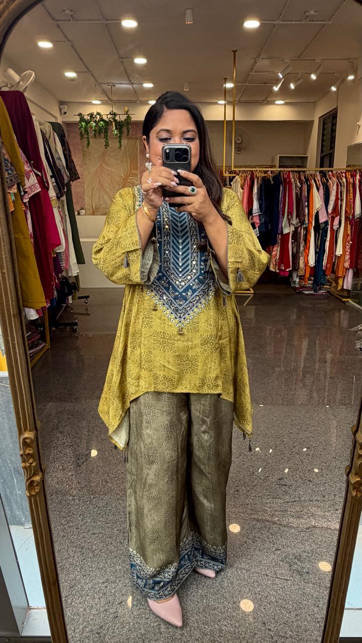 Pure Mul silk kaftan Co ord in olive green