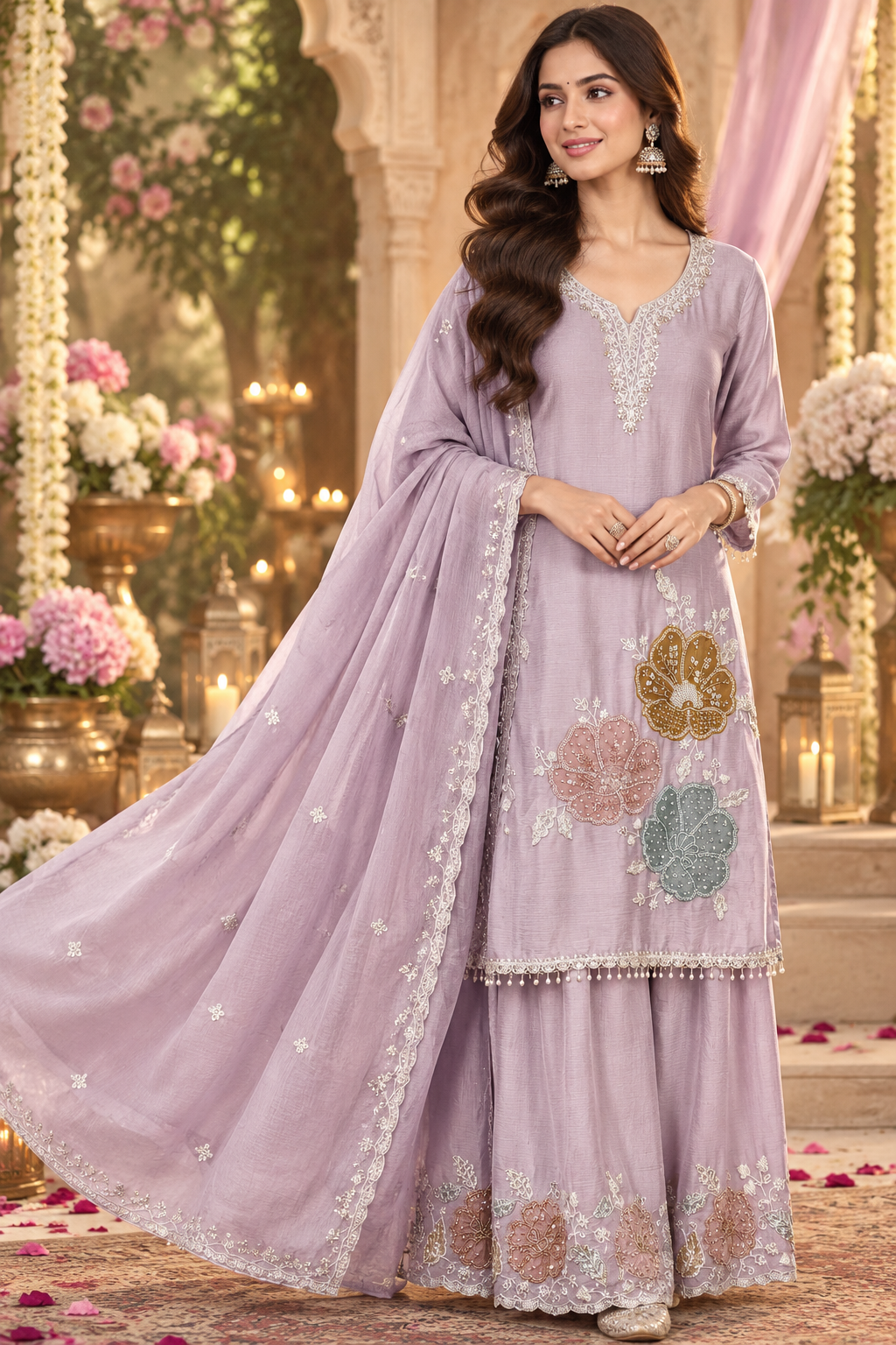 Premium chinon applique handwork suit set in lilac