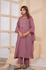 Premium Mul cotton purple paisley embroidered designer pocket suit set